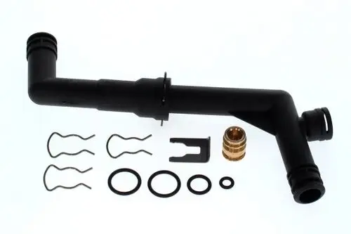 Rohr von Bosch mit Adaptor, umgeben von verschiedenen Dichtungen und Befestigungselementen, die für die Montage und Verbindung in Rohrleitungssystemen verwendet werden.